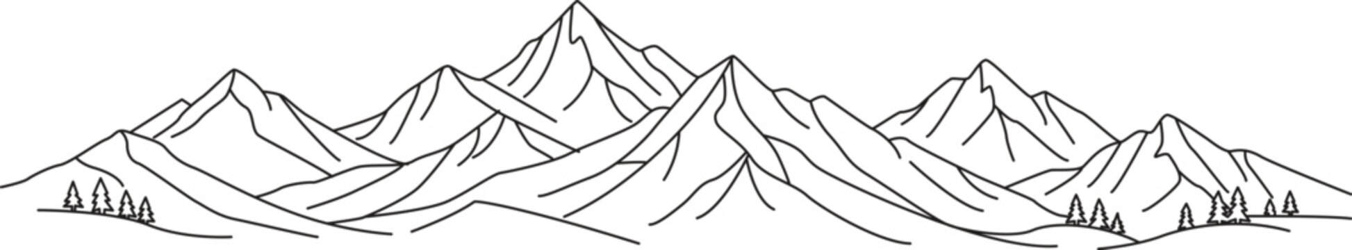 Mountain range silhouette linear drawing on a white background