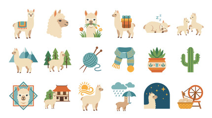 Fototapeta premium Cute Llama and Alpaca Flat Design Vector Illustration Icon Set: Animals, Nature, Crafts Collection