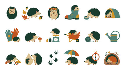 Obraz premium Cute Cartoon Hedgehogs Flat Design Icons Set. Autumn Nature and Gardening Wildlife Animal Collection.