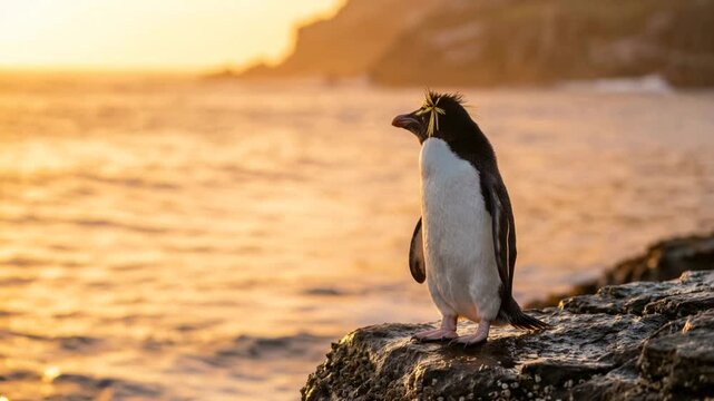 crested penguins on south georgia island golden light close up video