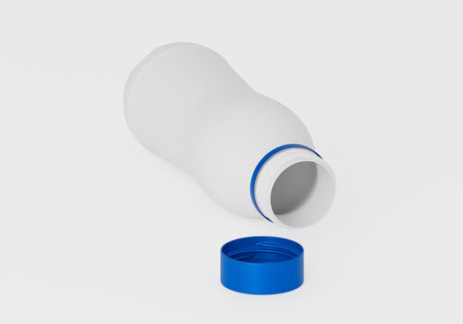 open white plastic bottle with detached blue cap