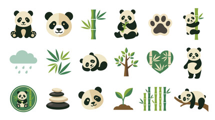 Fototapeta premium Cute Panda Icons Set with Bamboo, Paw Print, and Nature Elements