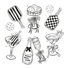 Outline Retro Girly Pickleball Drinks and paddle Hand Drawn Set,pickle ball line art elements collection © Natsicha