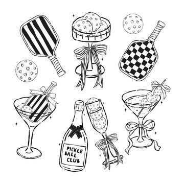 Outline Retro Girly Pickleball Drinks and paddle Hand Drawn Set,pickle ball line art elements collection