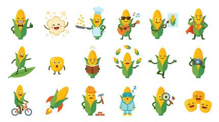 Obraz premium Healthy Food Agriculture: Cute Flat Cartoon Corn Characters Vector Set with Diverse Activities