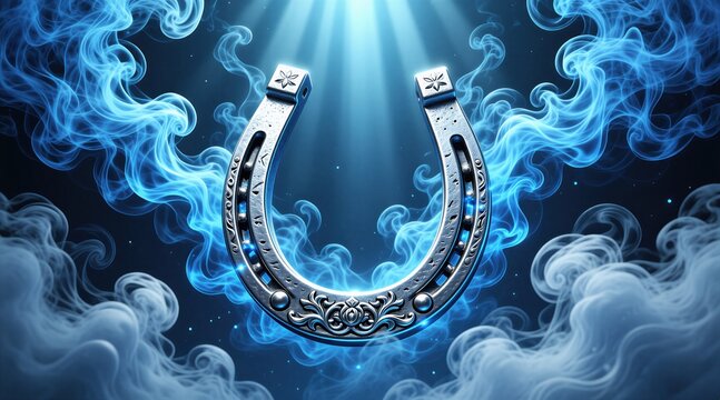Shiny silver horseshoe symbol of good luck sits surrounded by ethereal blue glowing smoke clouds. Mystical energy radiates from metallic object against dark background. Concept of fortune success