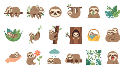 Fototapeta premium Cute Sloth Vector Illustrations, Cartoon Animal Art Set