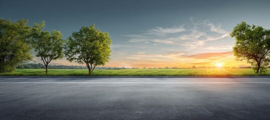 Fototapeta premium Scenic view featuring a road, trees, and a field under a bright sunset sky