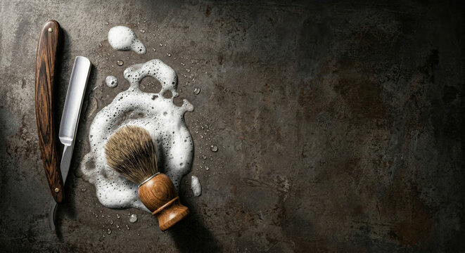 Straight razor steel with wooden handle and shaving brush on wet dark metal sheet for barbershop advertising.