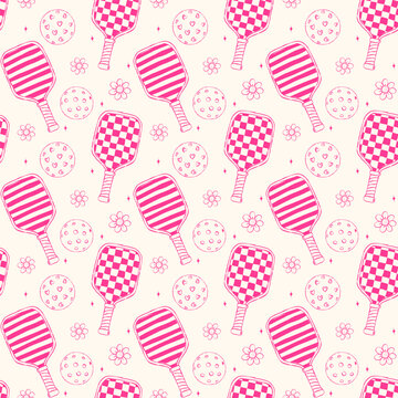 Outline Retro Girly Pickleball seamless pattern sketchy hand drawn repeat background