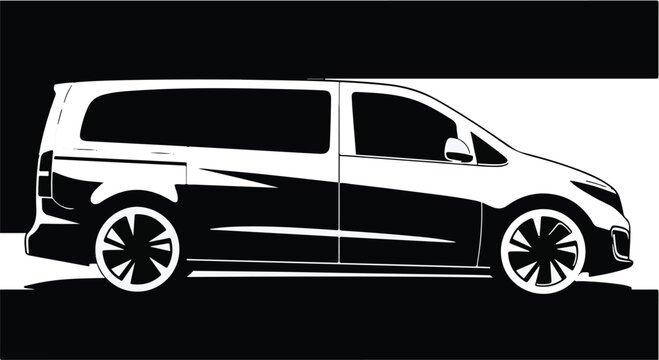 Minivan vehicle silhouette depicts a side profile of a modern family car on a high contrast background.
