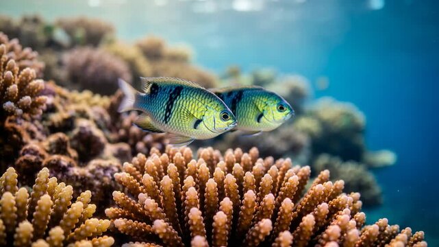 two damselfish swimming in great barrier reef australia underwater morning light slow motion video