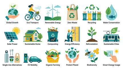 Naklejka premium Flat Icons Set for Sustainability and Eco-Friendly Living, Green Energy