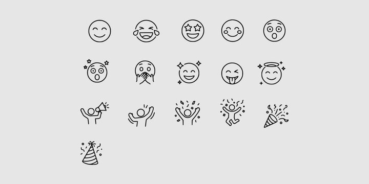 Icon set collection of expressive emojis and party celebration icons, perfect for social media, digital communication, and fun event designs.