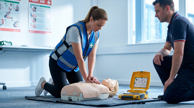 First aid training session with CPR chest compressions on mannequin and automated external defibrillator use in classroom