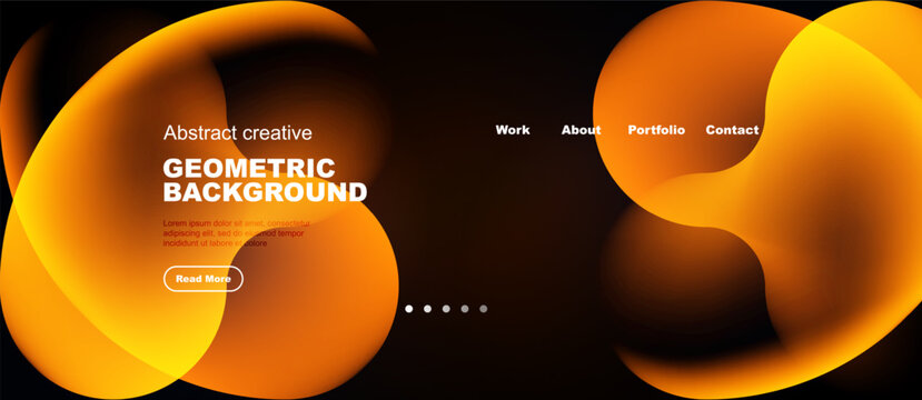 Abstract orange shapes dominate dark background. Website header includes navigation, text, button. Modern design, clean aesthetic.
