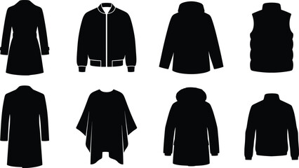 Set of black flat icons representing various styles of coats, jackets, vests, and capes for fashion design © MDMORSALIN