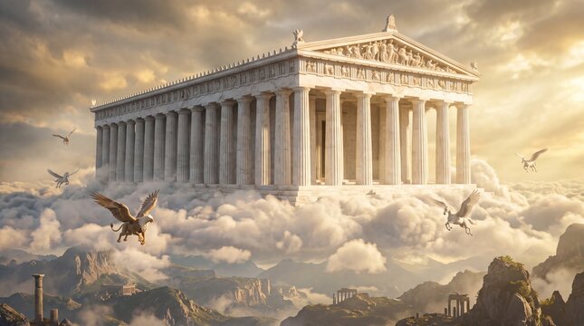Majestic ancient temple floating in clouds with flying pegasus