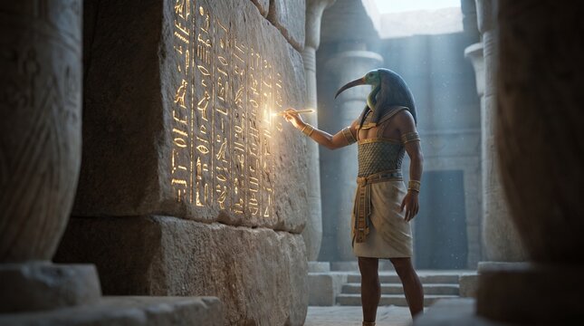 Thoth ibis headed Egyptian deity inscribing glowing hieroglyphs on stone wall inside an ancient temple