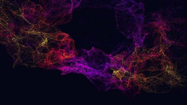beautifully balanced, seamlessly looping animation of a glowing particle torus continuously rotating and evolving against a deep navy space environment.