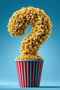 Popcorn forming question mark symbol rising from striped bucket in studio macro shot for entertainment marketing
