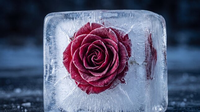Red rose frozen inside a clear ice cube