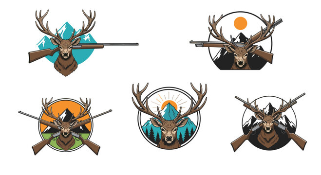 Collection of five deer hunting emblems and logos featuring a buck head with large antlers, crossed rifles, and mountain landscapes.