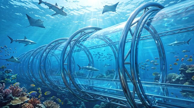 Modern underwater aquarium tunnel with sharks and coral reef