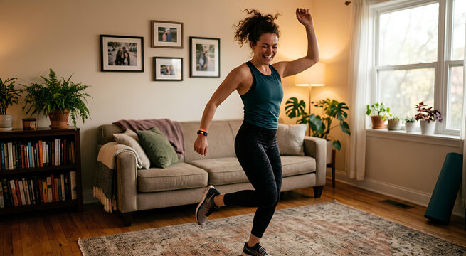 Happy young woman dancing and exercising in her cozy living room at home.