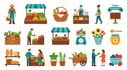 Fototapeta premium Flat Vector Farm Market Elements Collection: Fresh Produce, Farmers, Shoppers Stalls Icons