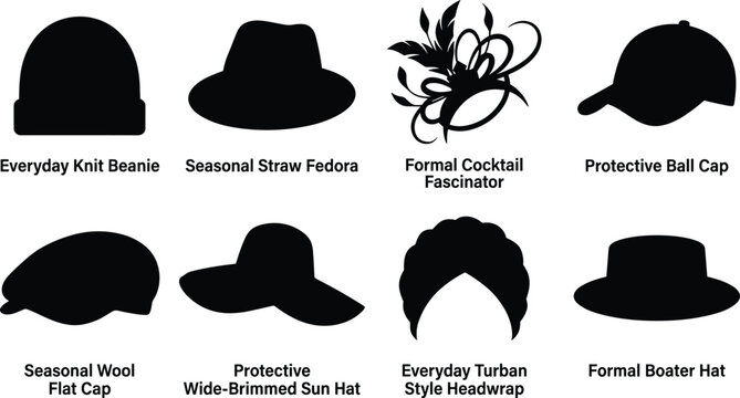 Set of black flat icons representing various styles of hats, caps, and headwear for fashion design projects