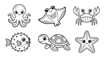 Fototapeta premium Cute cartoon sea animals coloring book line art vector set