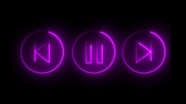 Glowing neon sounds play, and next and previous arrow button symbols icon. Music arrow button symbol. neon arrow sign. Pink color icon on black background. 