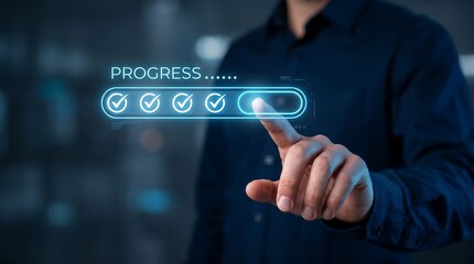 Obraz premium Business professional interacting with digital progress bar interface on holographic screen in modern office environment showing successful task completion and workflow management systems