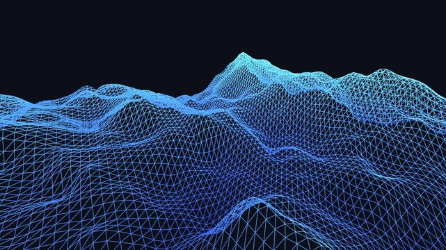 seamless looping motion background featuring an undulating three-dimensional wireframe mesh driven by noise, glowing against a dark atmosphere.