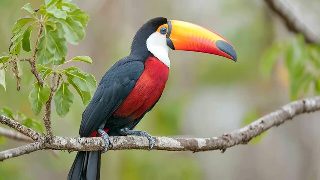 Toucan perched on branch in tropical forest with green leaves around Generative AI