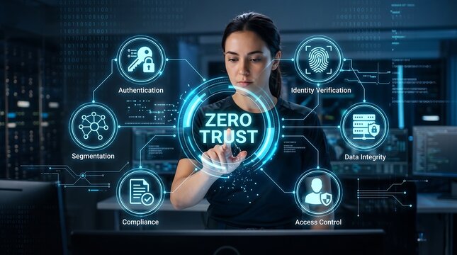 Professional woman interacting with zero trust security network interface showing authentication and identity verification metrics for enterprise data protection and compliance