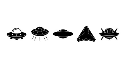 Set of 5 Black UFO Icons, Flying Saucer Vector Graphics, Extraterrestrial Spaceship Symbols, Sci-Fi Alien Craft Silhouettes © Muntaha