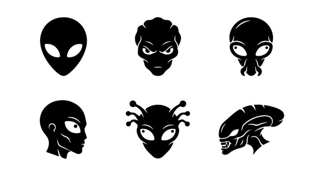 Alien Heads Vector Icons, Extraterrestrial Faces Set, Sci-Fi Creatures Collection, Space Invaders