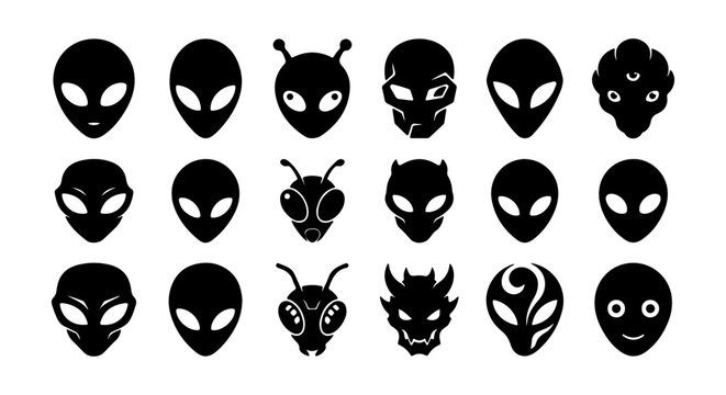Alien Head Icons, Extraterrestrial Faces Collection, Sci-Fi Character Emblems, Vector Graphics Set