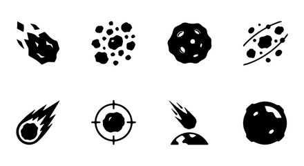 Meteorite Icons, Asteroid Symbols, Space Debris Graphics, Cosmic Rock Vector Set © Muntaha