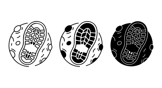 Boot Print on Moon Icons, Space Exploration Footprint Vector Set, Lunar Landing Symbol