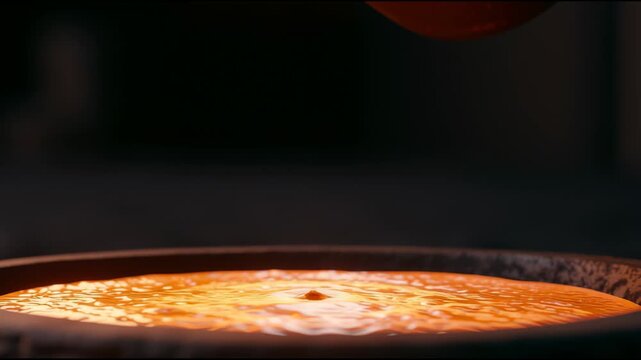 Liquid metal flows smoothly from a ladle into a mold. This process shows how metal is shaped in an industrial environment.