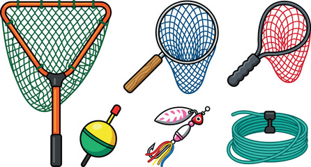 Recreational fishing landing nets and tackle vector illustration icon collection set isolated on a transparent background. © Lunavera art