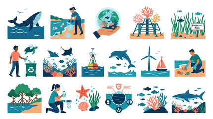Fototapeta premium Flat Vector Icons of Marine Life and Ocean Conservation Actions