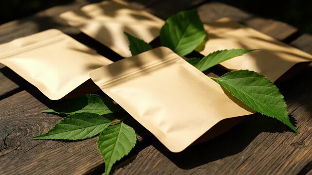 Kraft paper pouches for organic tea displayed with green leaves on wooden table