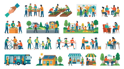 Fototapeta premium Diverse community volunteering and outdoor activities, flat illustration