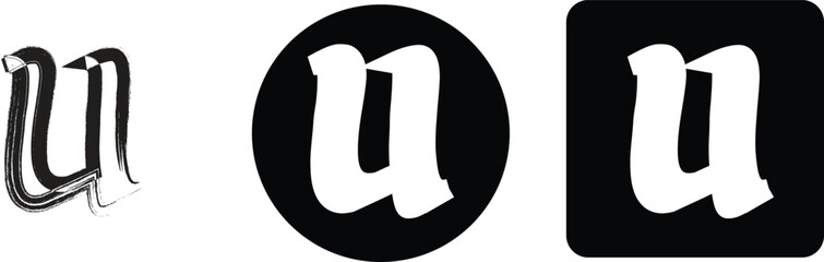Set of three letter u variations including a brush stroke a white letter inside a black circle, and a white letter inside a black square © Ahed