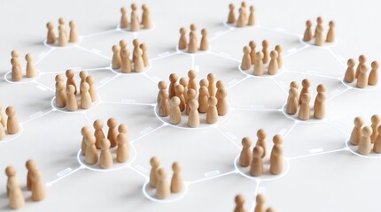 Naklejka premium Wooden figurine people linked in digital network structure on white surface representing social networking business connection and organizational team building