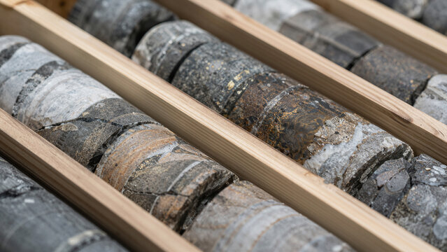 Drilling cores arranged in wooden trays for geological study in a research facility in a recent fieldwork project